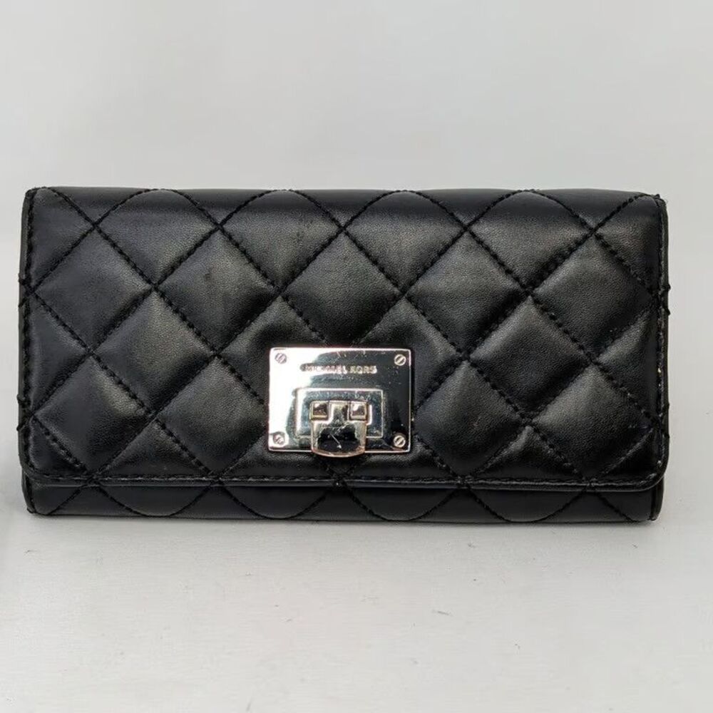 Michael Kors Quilted Leather Wallet Black Trifold Continental Push Lock Silver